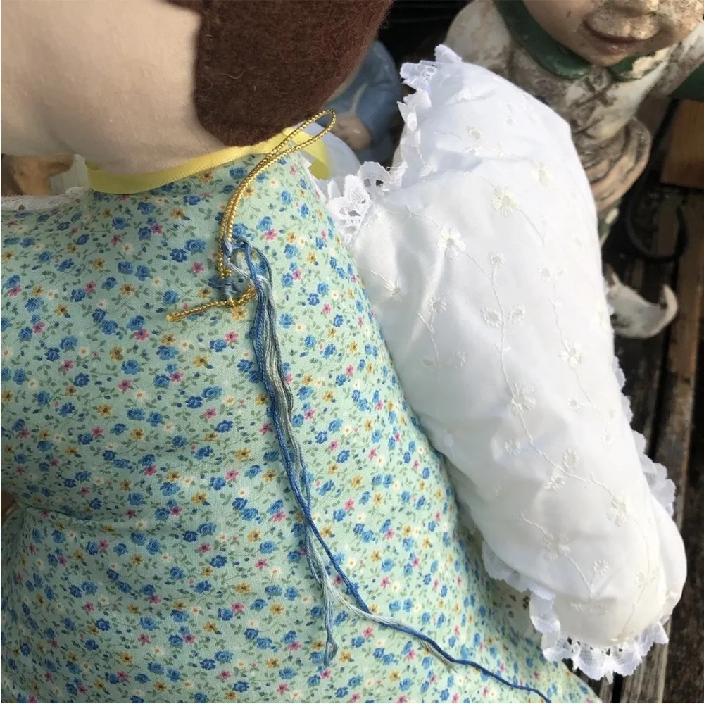 Christmas Angel Handmade Pillow Blue Green Pink Floral Eyelet Vintage 70s 80s